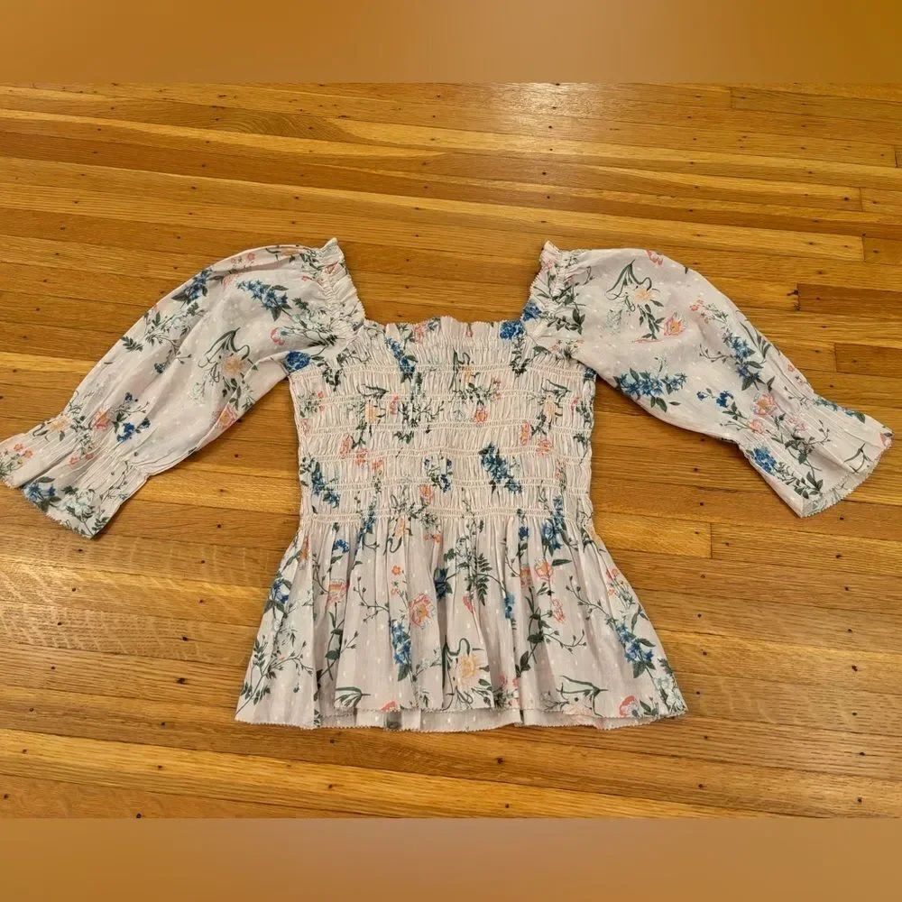 Saylor Clover Smocked Light Pink Floral Swiss Dot Peasant Top